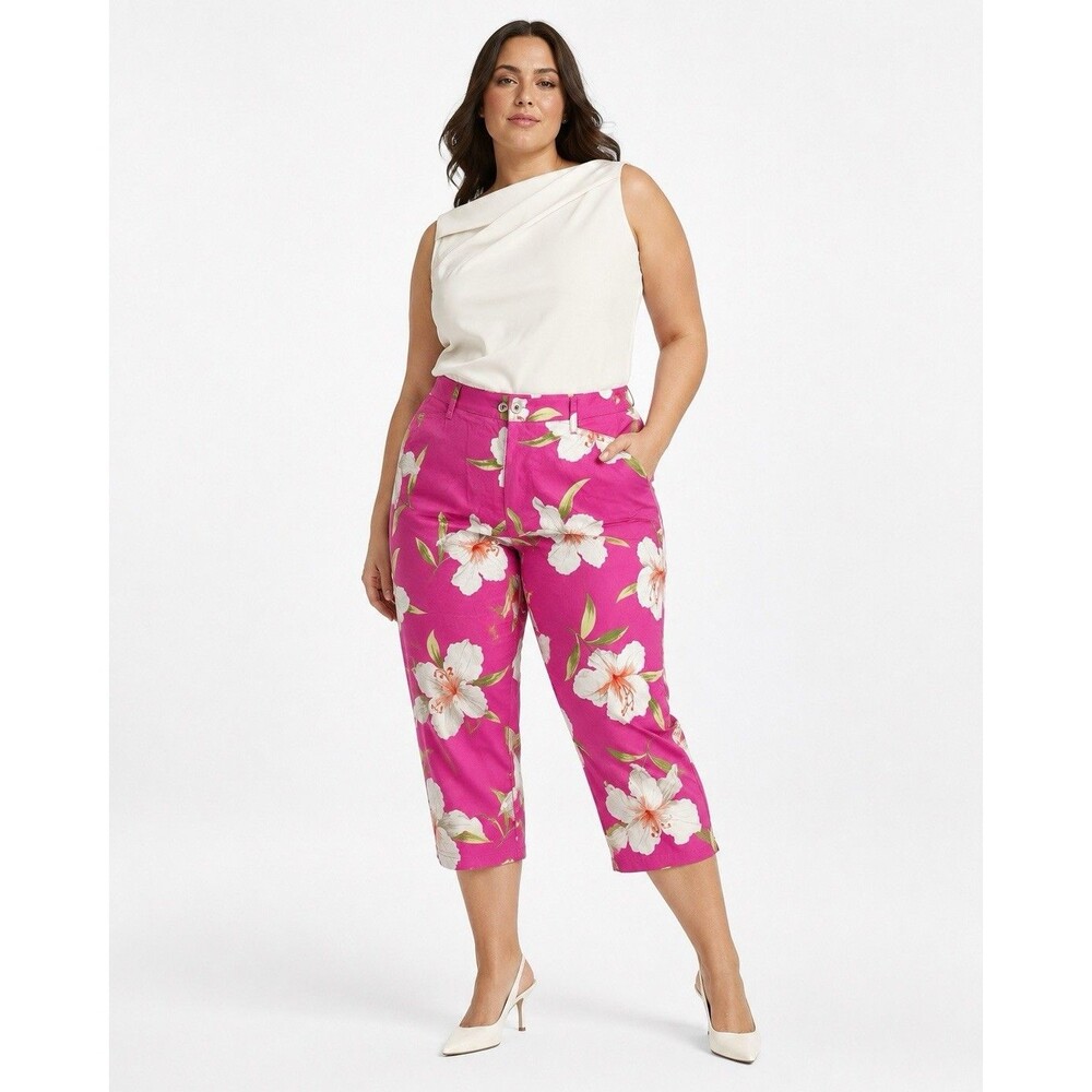 Lauren Ralph Lauren Size 16 Pink Hibiscus Floral Capri Pants Cotton Stretch